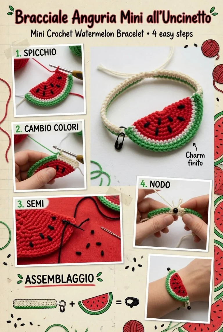 Bracciale anguria mini all’uncinetto con design estivo e colorato.