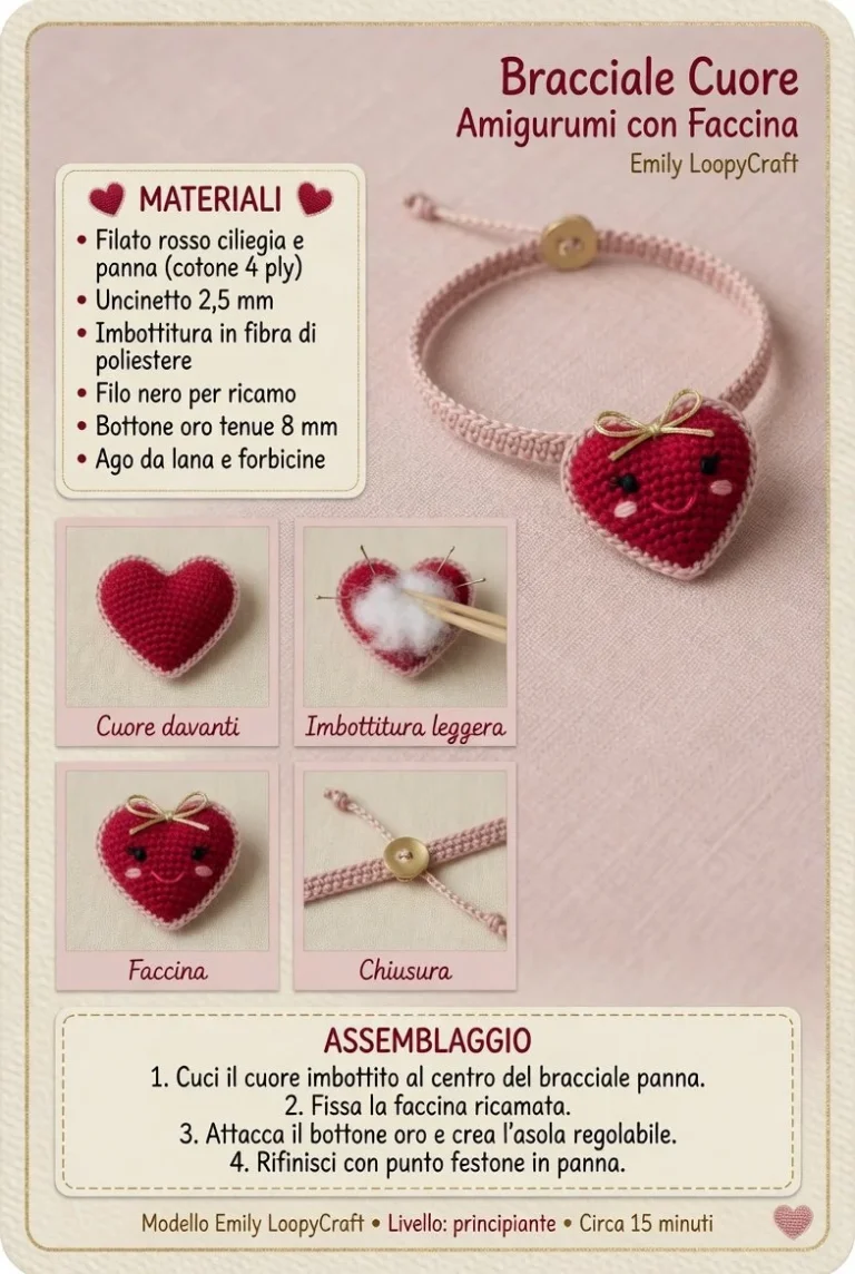 Bracciale amigurumi a forma di cuore con faccina, realizzato all'uncinetto.