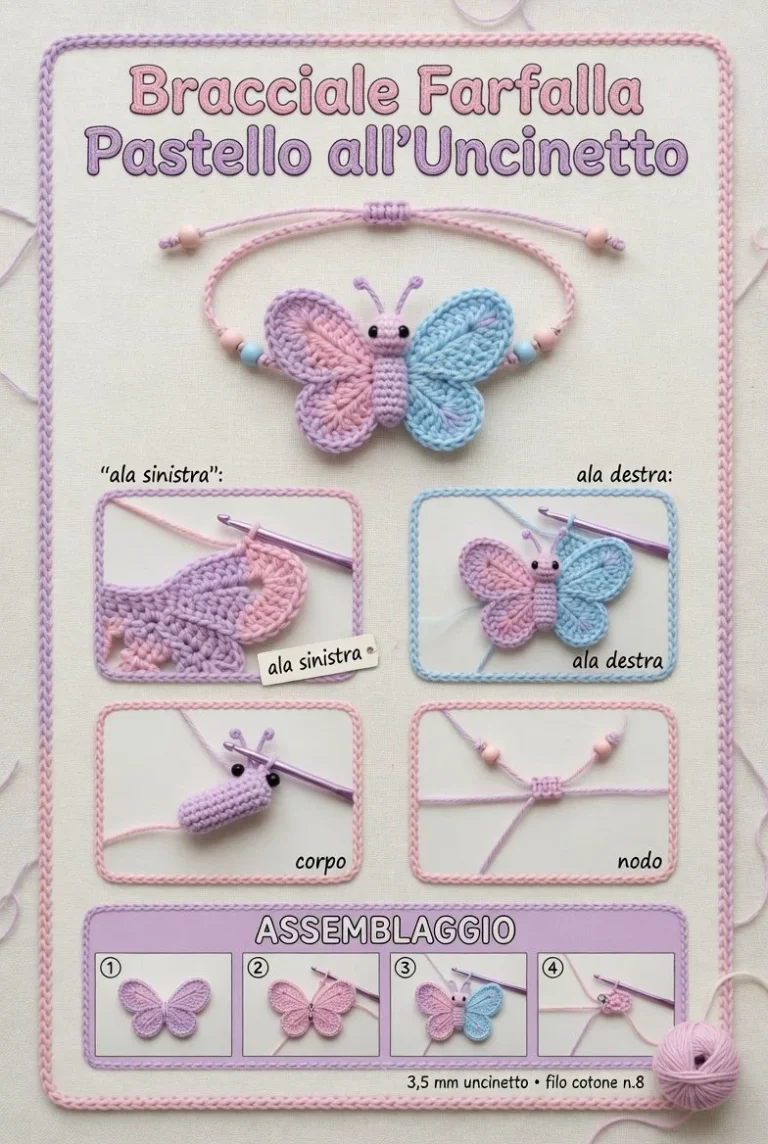 Bracciale uncinetto Farfalla Pastello, accessorio delicato fatto a mano