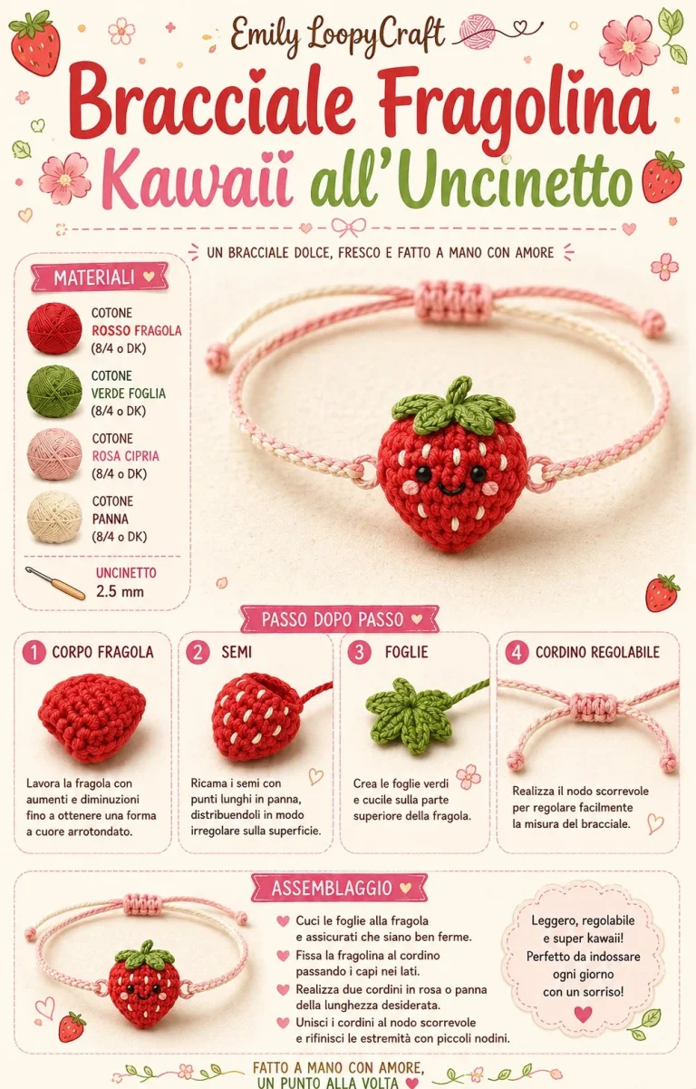 Bracciale kawaii Fragolina all'uncinetto, accessorio dolce e colorato