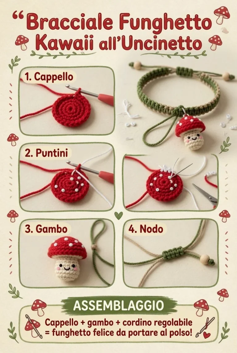 Bracciale funghetto kawaii all’uncinetto in stile cottagecore