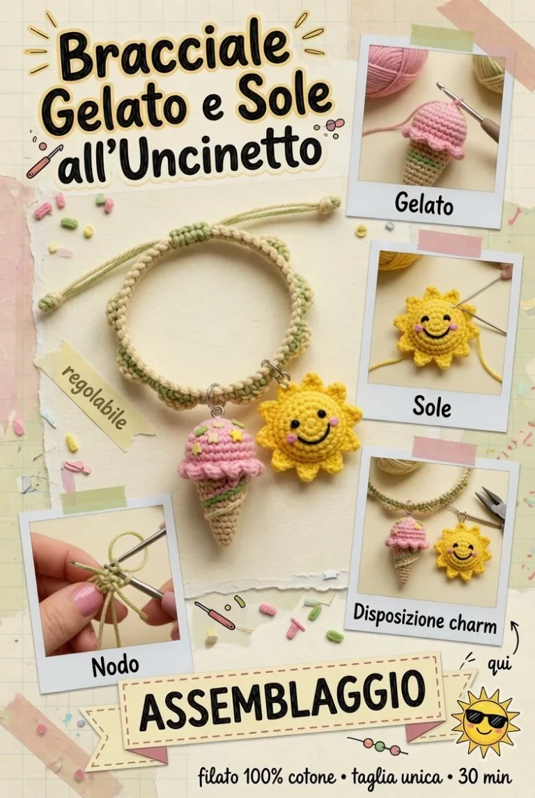 Bracciale uncinetto Gelato e Sole, modello estivo di gioielli colorati.