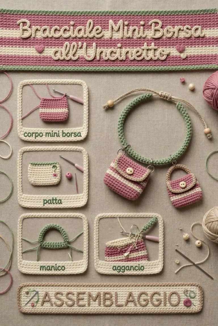 Bracciale mini borsa all'uncinetto con charm moda e design elegante
