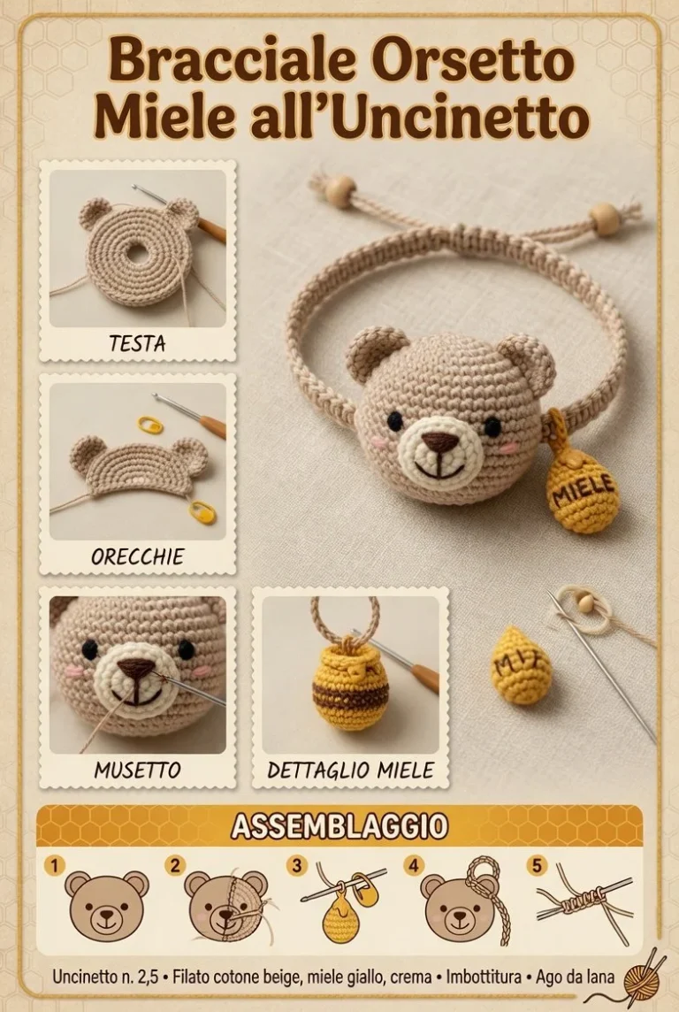 Bracciale orsetto miele realizzato all'uncinetto con schema dolce