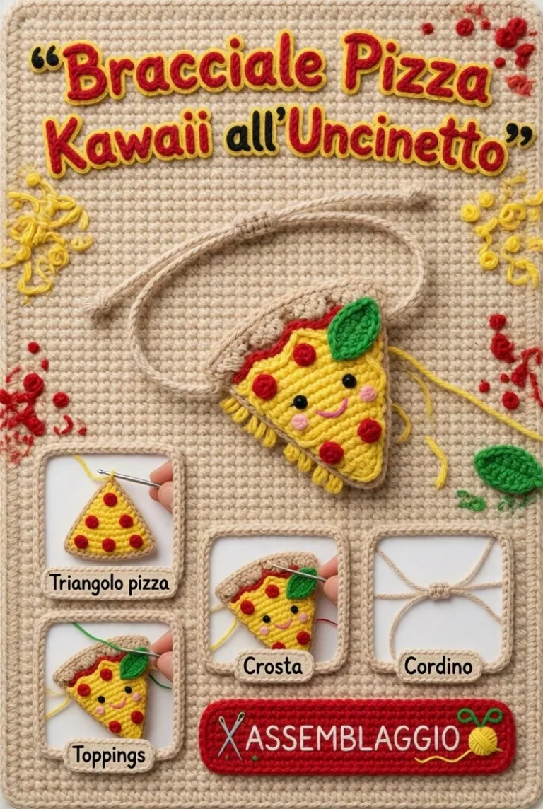 Bracciale Pizza Kawaii all'Uncinetto, divertente accessorio crochet italiano.