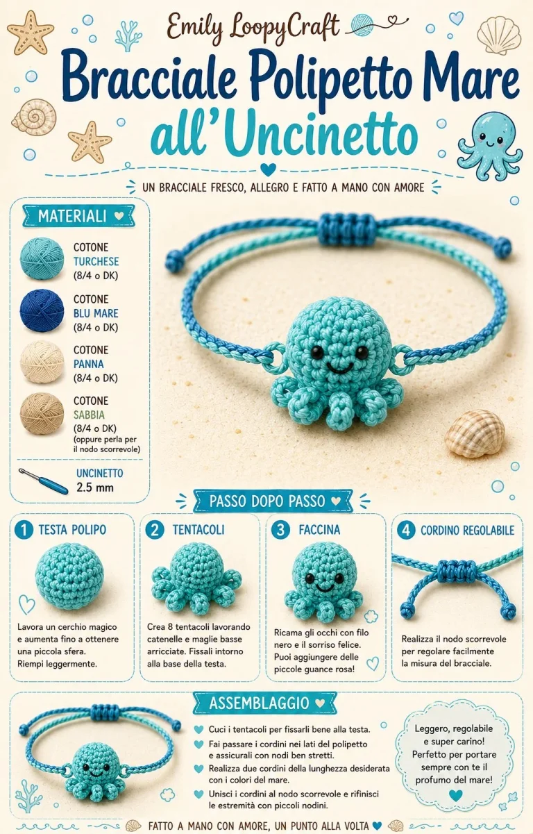 Bracciale polipetto mare all'uncinetto, mini amigurumi colorato da indossare.