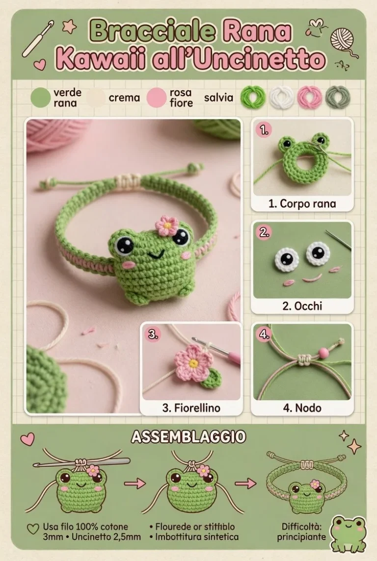Bracciale rana kawaii all'uncinetto con fiorellino colorato