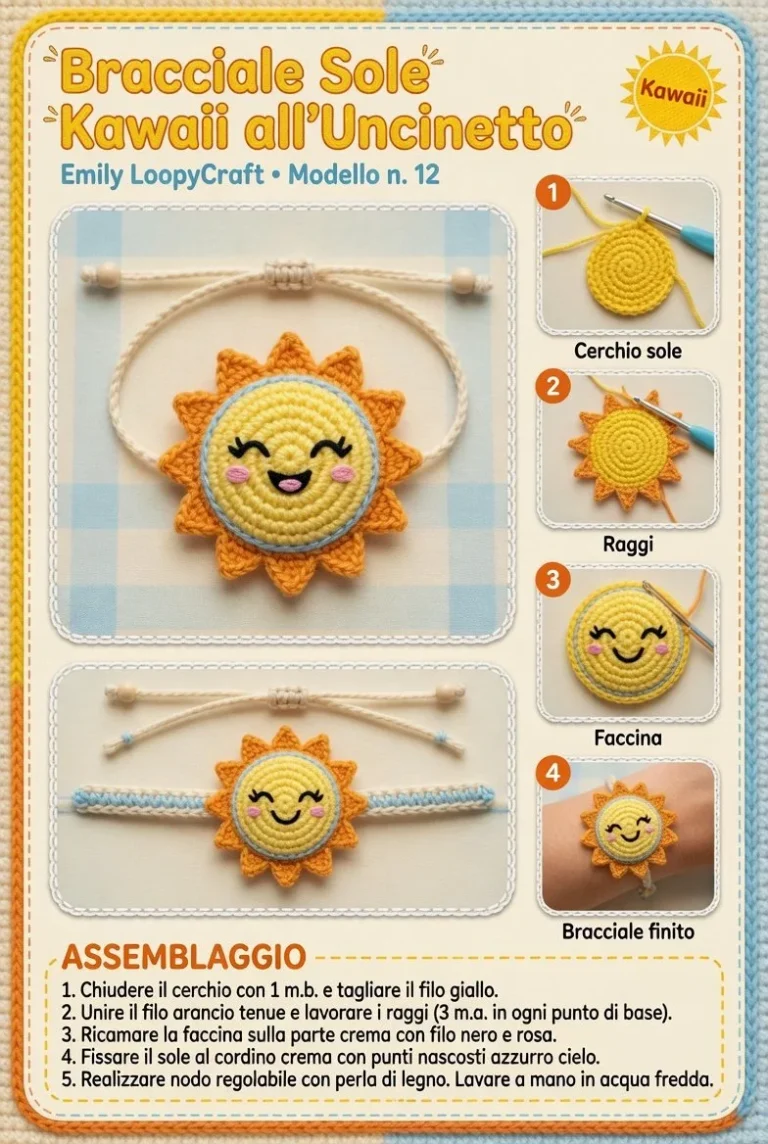 Bracciale Sole Kawaii all’uncinetto colorato e solare, accessorio estivo unicorno.