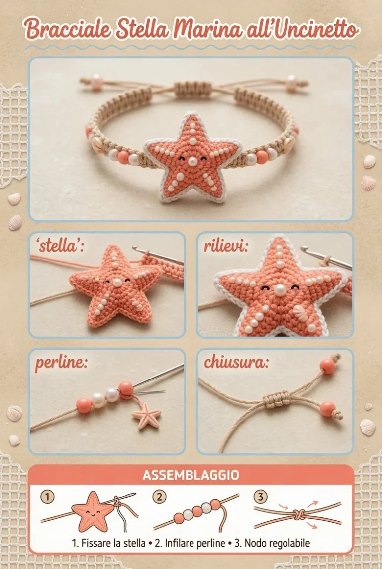 Bracciale uncinetto Stella Marina, gioiello artigianale marino in dettagli raffinati.