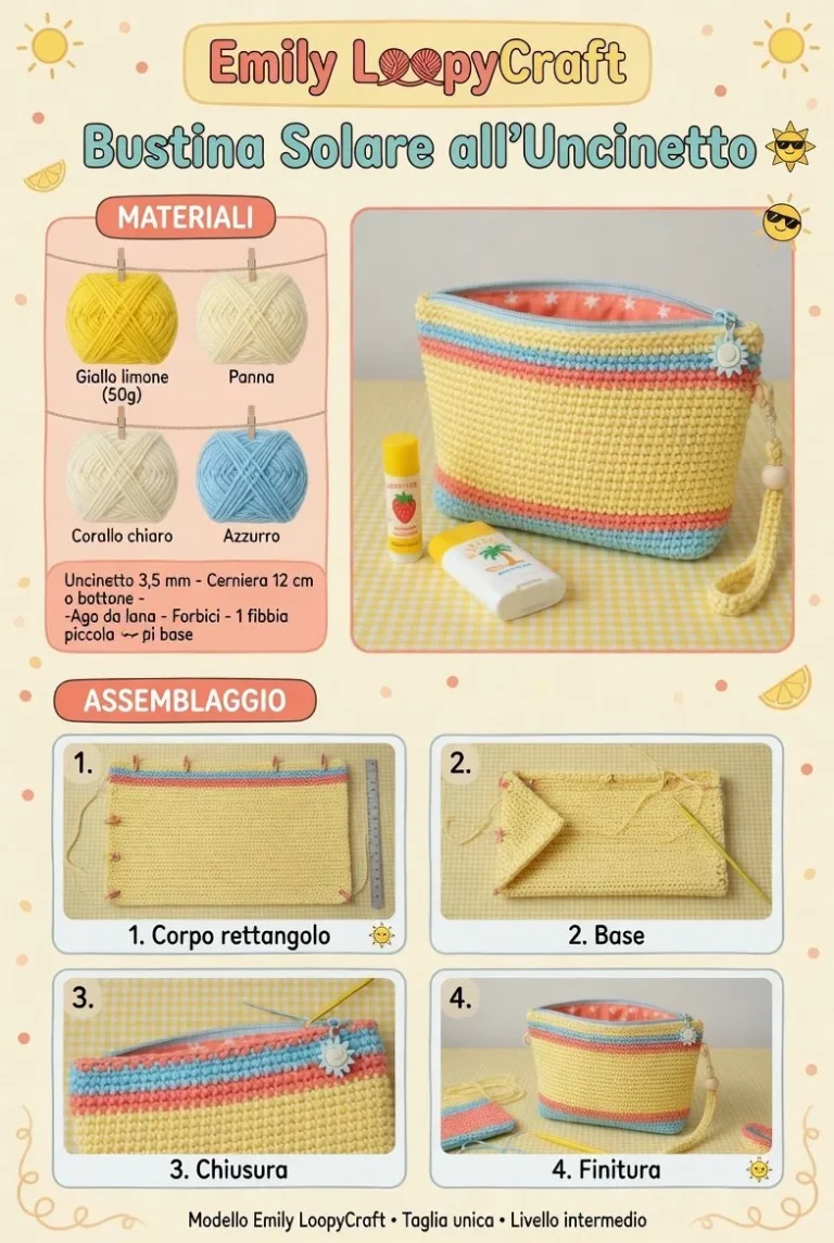 Bustina solare all'uncinetto per crema e lip balm, tutorial crochet pochette beauty
