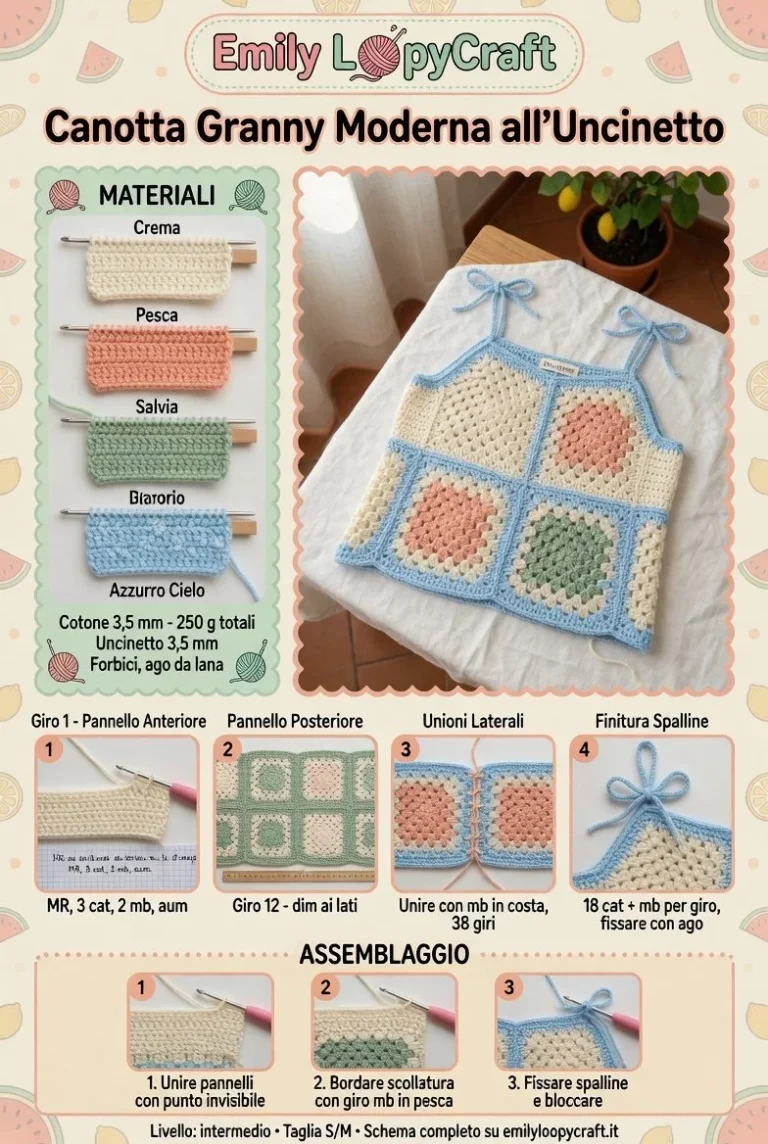 Canotta uncinetto moderna realizzata con tecnica granny square