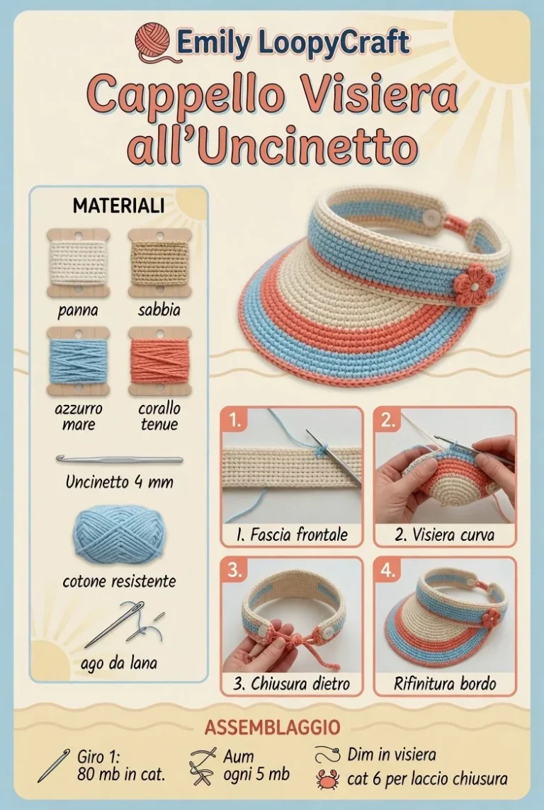 Cappello all’uncinetto con visiera estiva fatto a mano