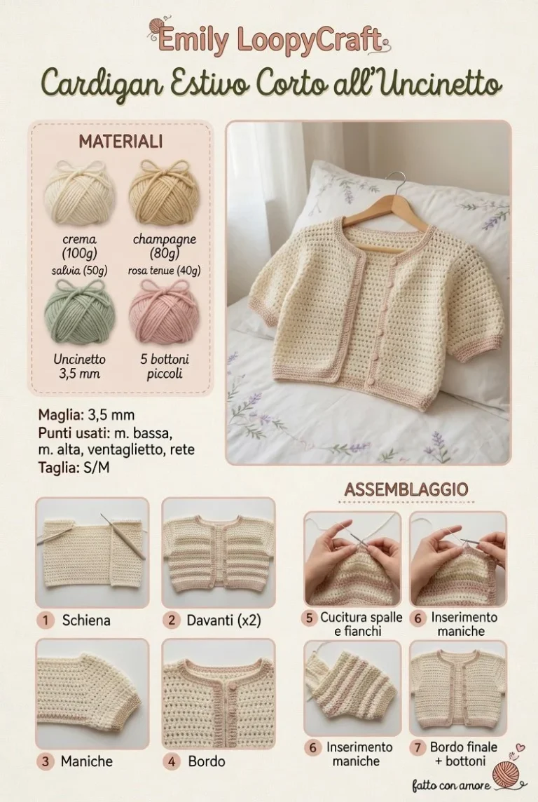 Cardigan estivo corto all’uncinetto realizzato a mano