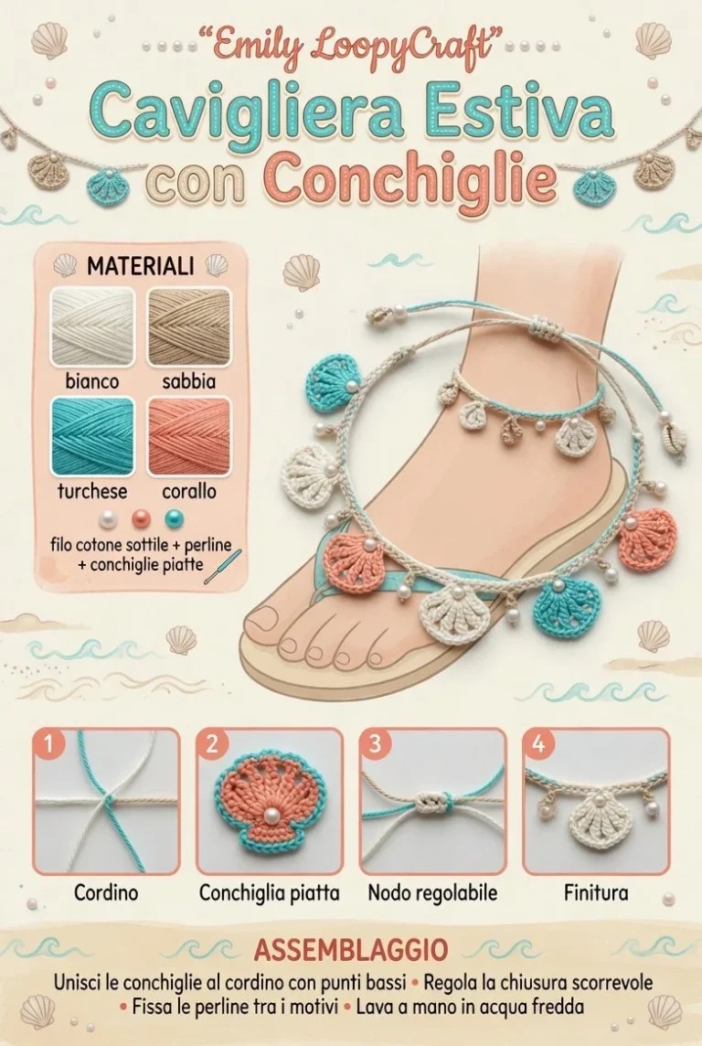Cavigliera Estiva all’Uncinetto decorata con conchiglie, tutorial passo-passo