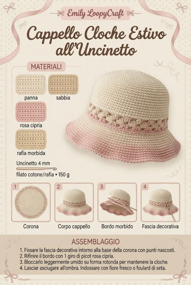 Cappello uncinetto cloche estiva con bordo morbido, facile da realizzare.