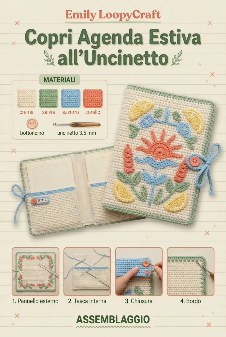 Copri agenda estiva all'uncinetto con tasche colorate e design unico.