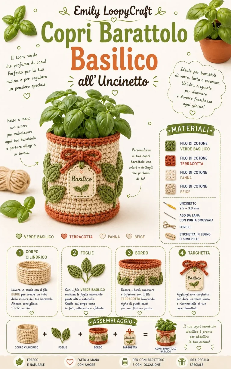 Copri barattolo in basilico all'uncinetto per decorazione cucina.