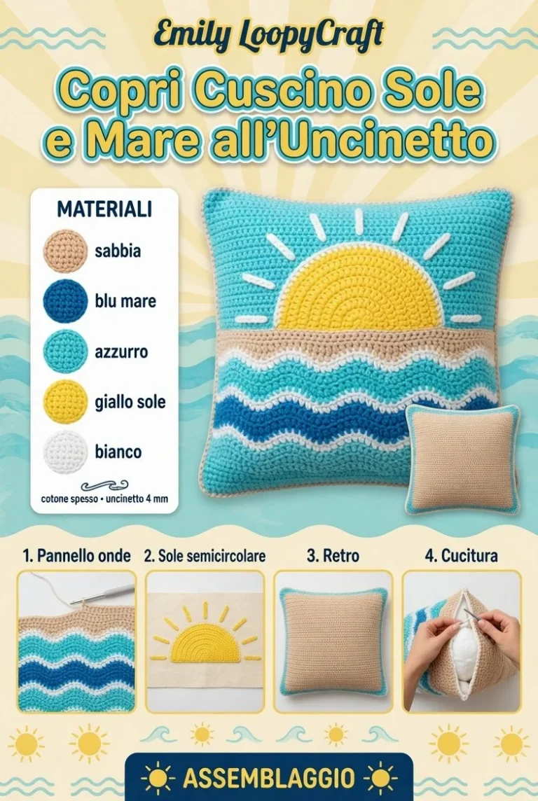 Copri cuscino all'uncinetto con motivo sole e mare per decorazione balcone
