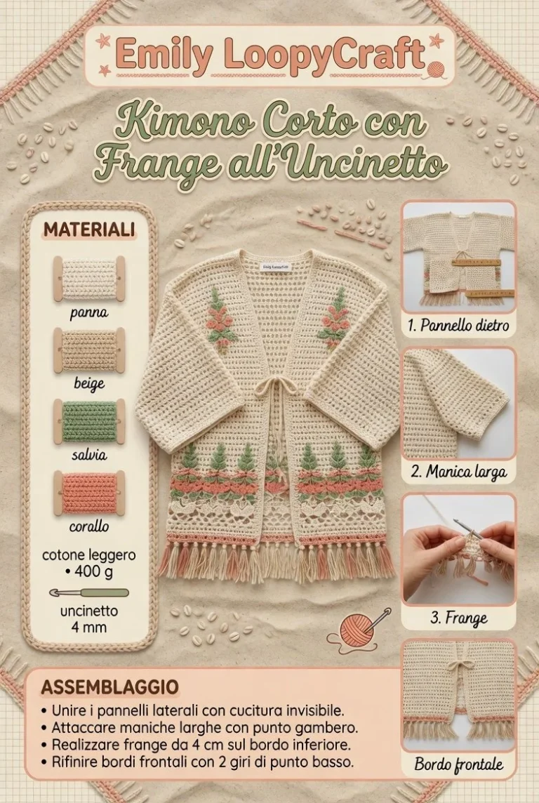 Copricostume kimono corto con frange all'uncinetto per look estivi eleganti.