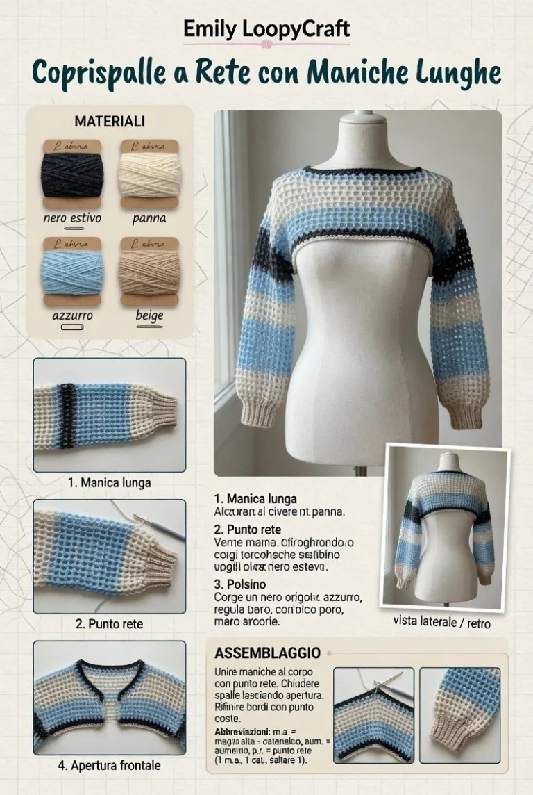 Coprispalle uncinetto a rete con maniche lunghe, progetto di crochet passo passo