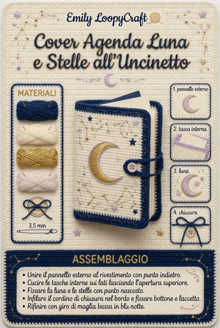 Copertina agenda uncinetto Luna e Stelle realizzata con tecnica a crochet
