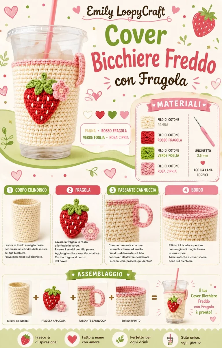 Cover all'uncinetto per bicchiere freddo con fragola decorativa
