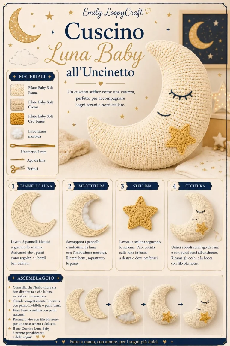 Cuscino uncinetto a forma di luna per bambini, morbido e fatto a mano.