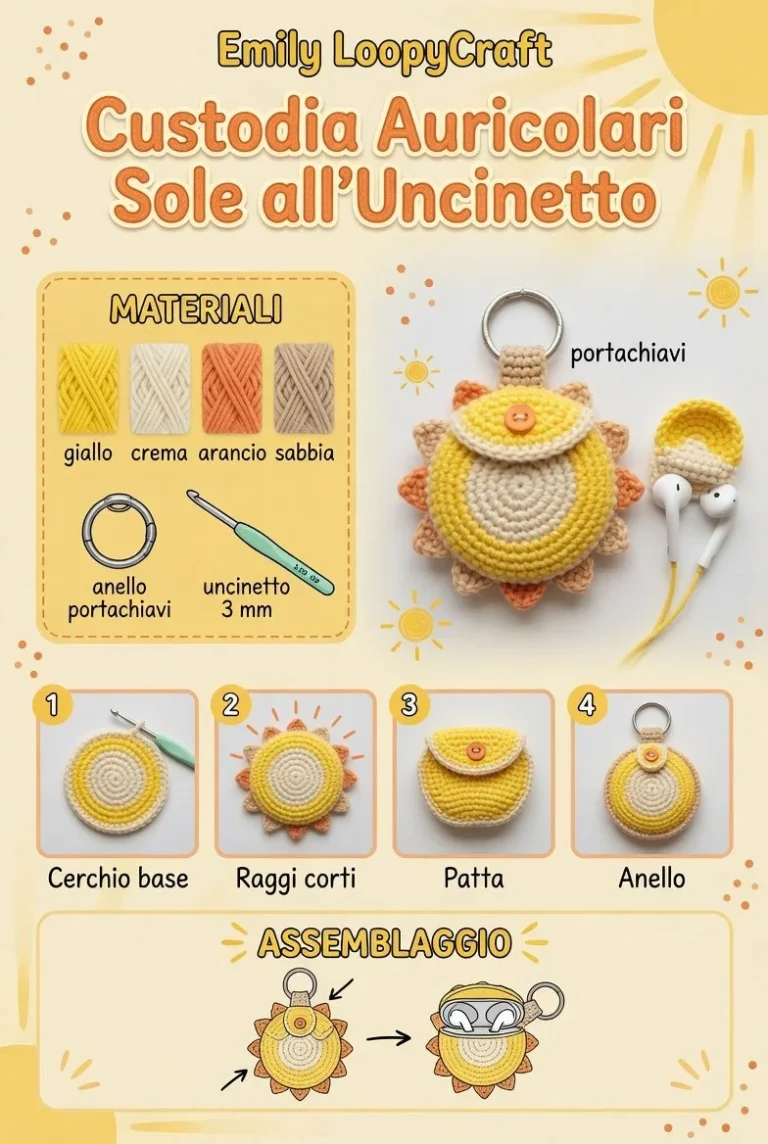 Custodia auricolari uncinetto a forma di sole, tutorial passo passo