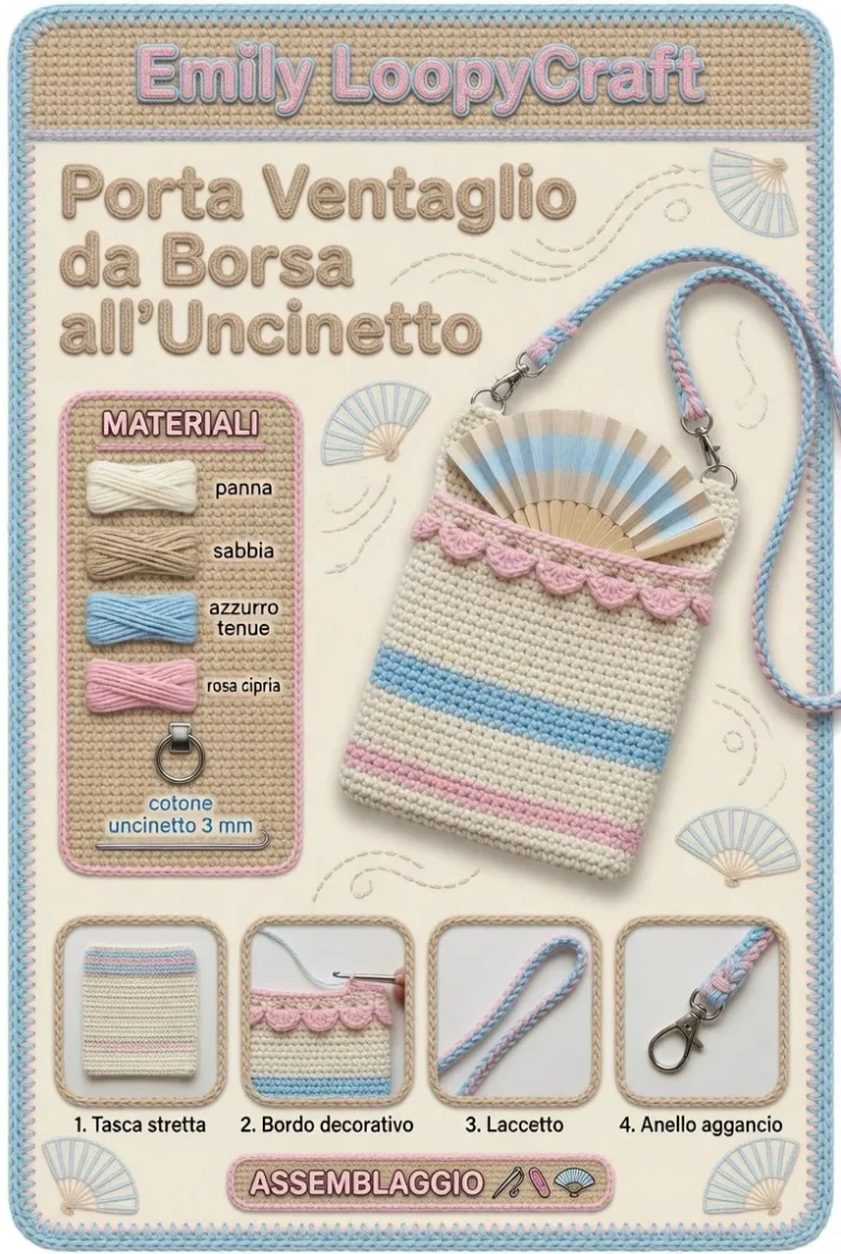 Custodia in uncinetto per ventaglio da borsa con laccetto elegante