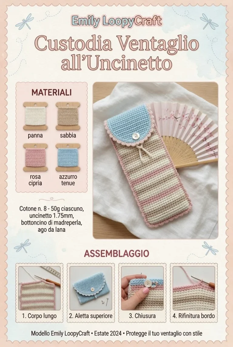 Custodia all'uncinetto per ventaglio estivo colorato e pratico.