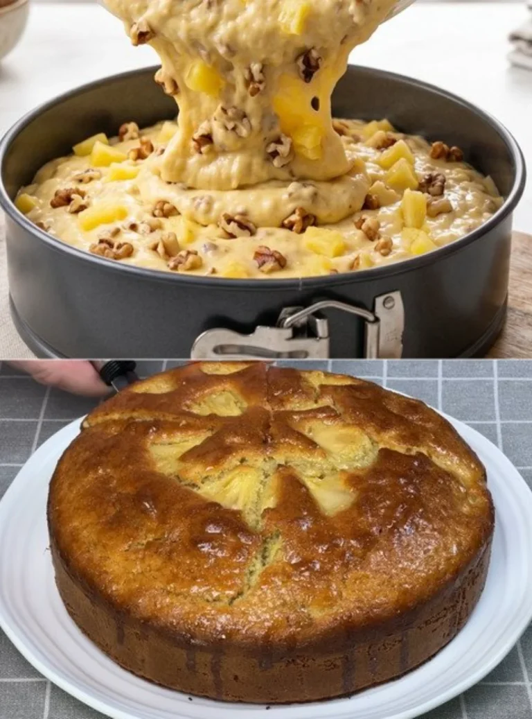 Torta all'ananas e noci decorata con fettine di ananas e noci