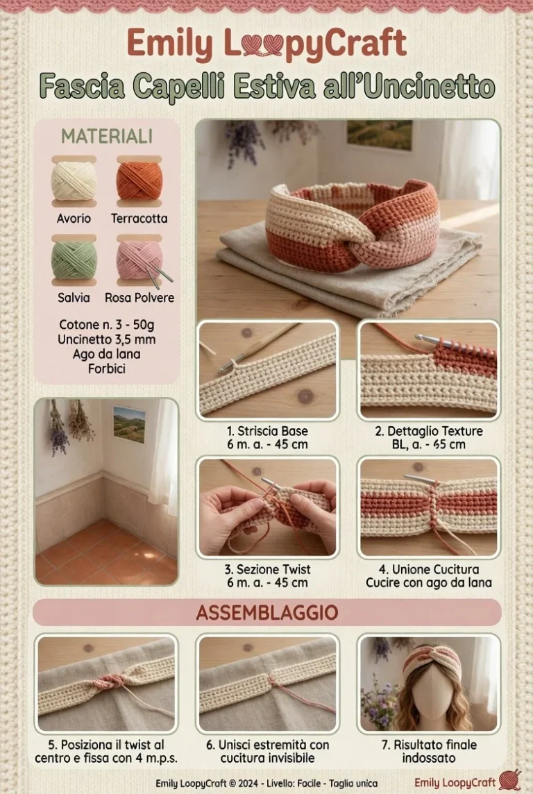 Fascia capelli estiva all'uncinetto realizzata da un principiante