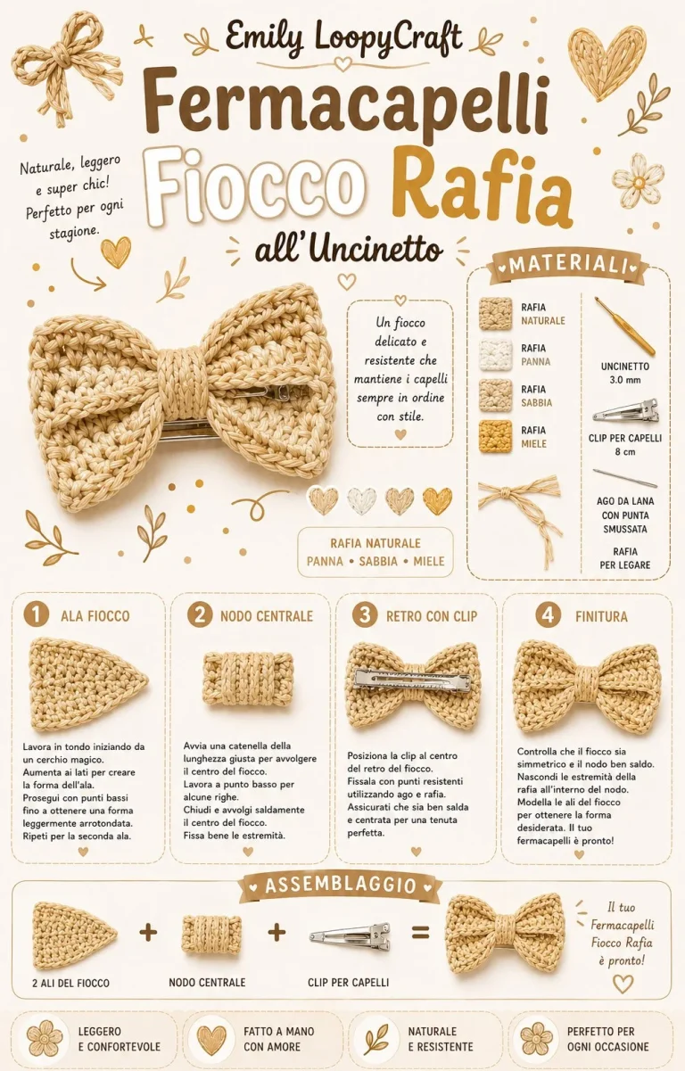 Fermacapelli fiocco in rafia all'uncinetto, accessorio estivo chic.