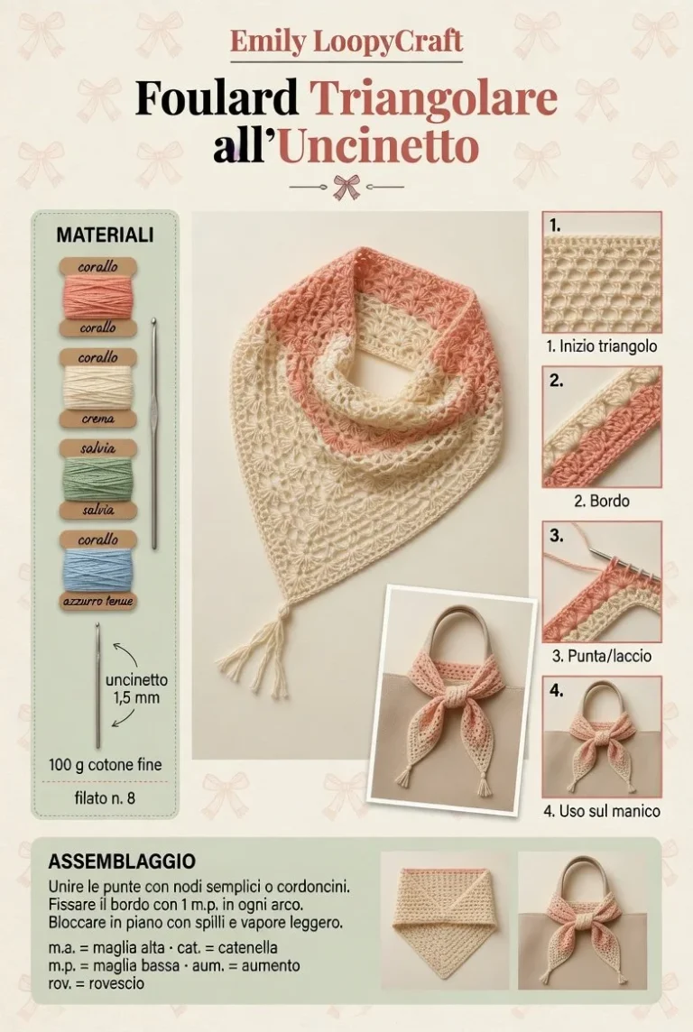 Foulard triangolare all’uncinetto colorato per capelli e borsa, accessorio alla moda.