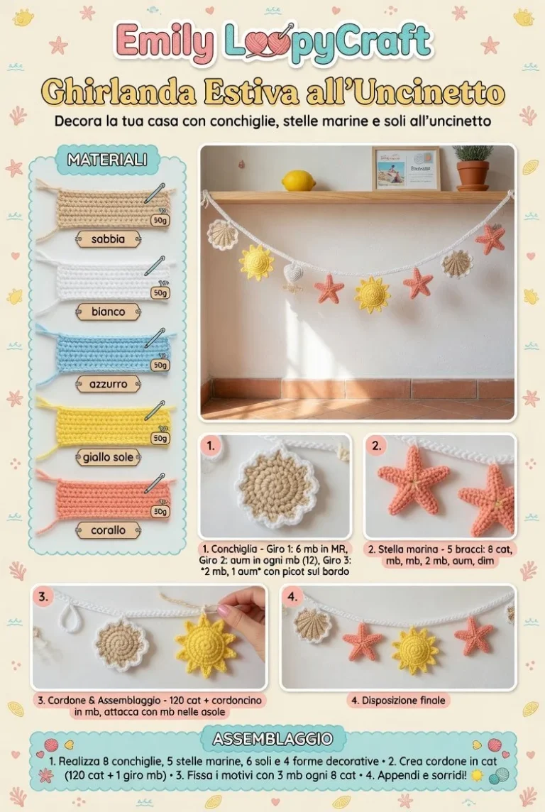 Ghirlanda estiva all'uncinetto con conchiglie e stelle marine per decorazione marina