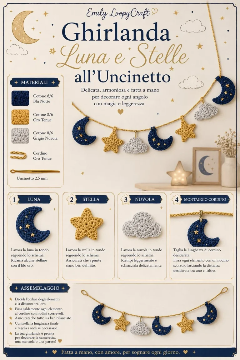 Ghirlanda luna e stelle all'uncinetto come decorazione crochet per la casa.