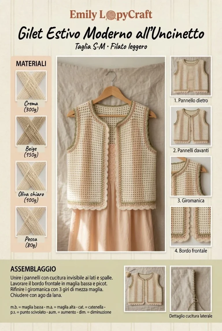 Gilet estivo moderno all'uncinetto, lavorato a mano con design fresco e originale.