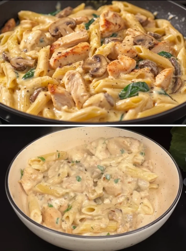 Pasta con pollo con salsa cremosa e verdure fresche