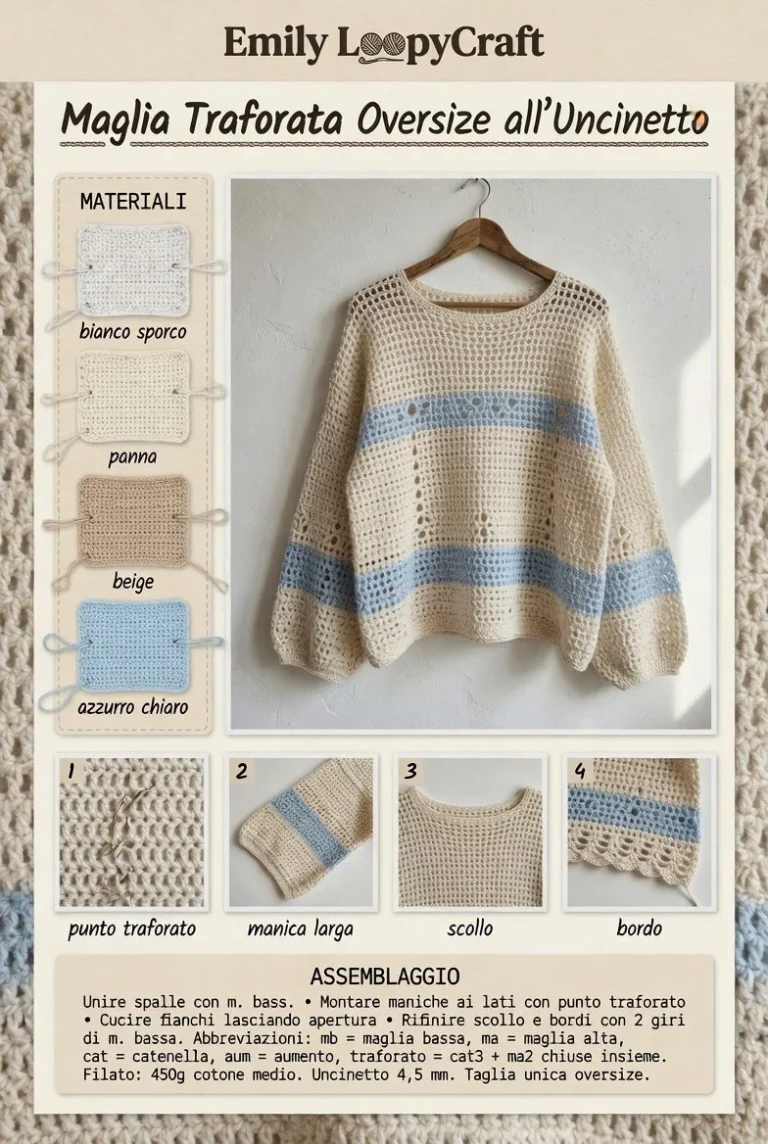 Maglia traforata oversize in crochet per l'estate, fresca e leggera.