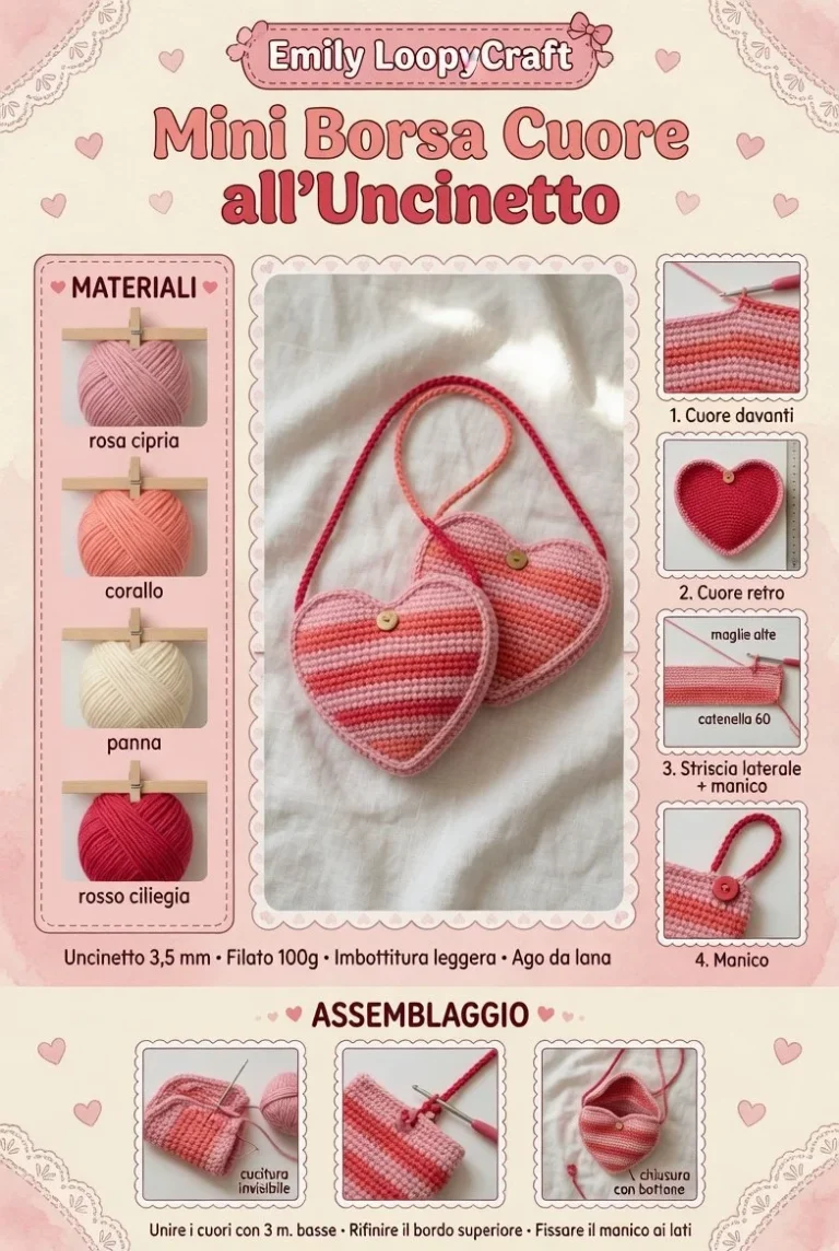 Mini borsa a cuore all’uncinetto, accessorio estivo colorato e trendy
