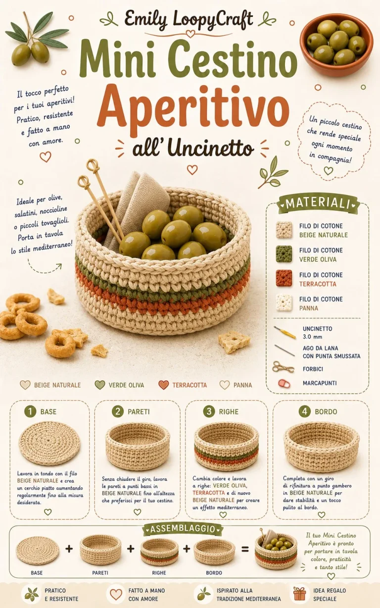 Mini cestino aperitivo all’uncinetto di stile mediterraneo