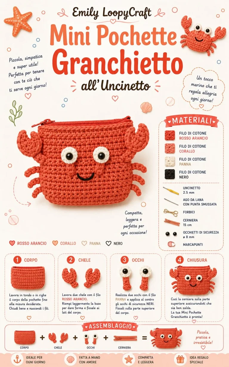 Mini Pochette Granchietto all’Uncinetto, tutorial passo-passo per la creazione