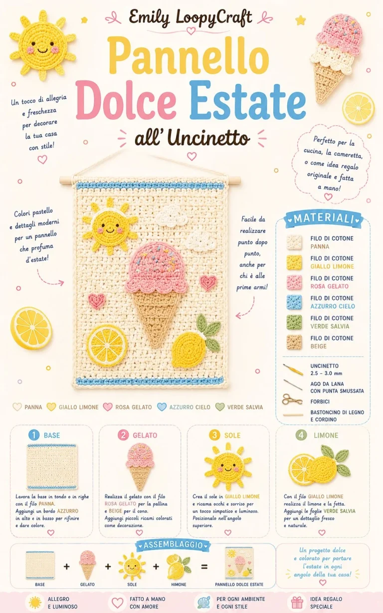 Pannello decorativo all’uncinetto Dolce Estate per un arredamento estivo accogliente.