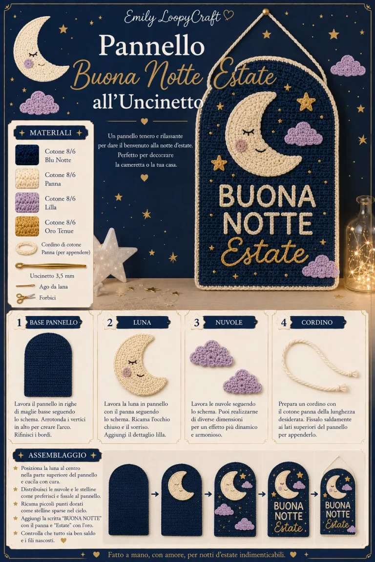 Pannello decorativo Buona Notte Estate all’uncinetto realizzato a mano.