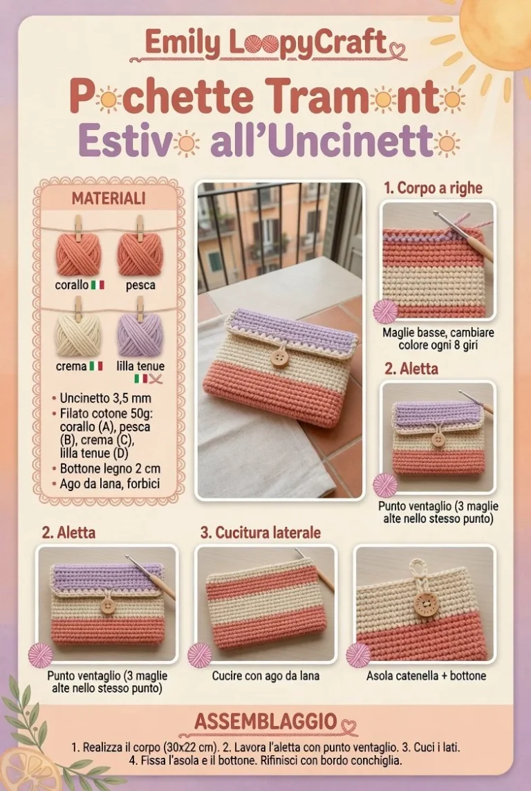 Pochette uncinetto estiva con patta e motivo tramonto
