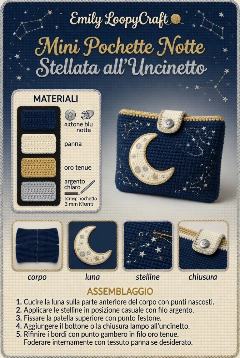 Pochette mini Notte Stellata all’Uncinetto in costruzione con filati colorati.