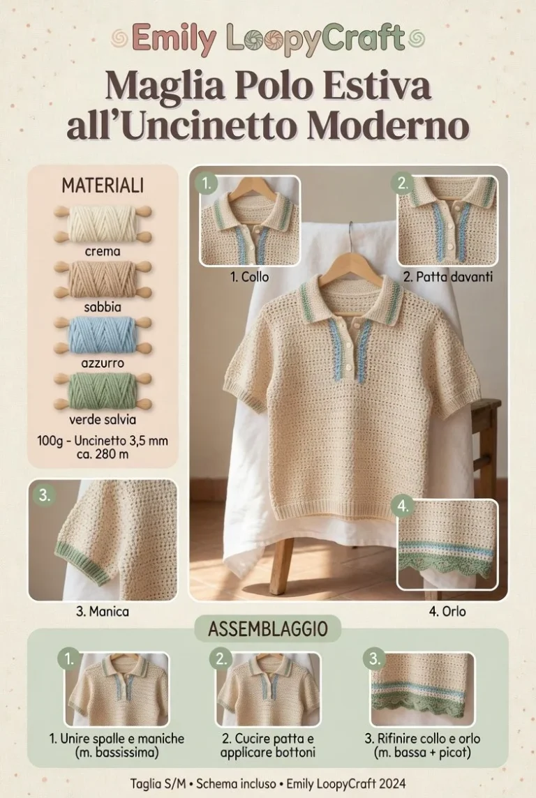Polo estiva all’uncinetto, maglia leggera e moderna.