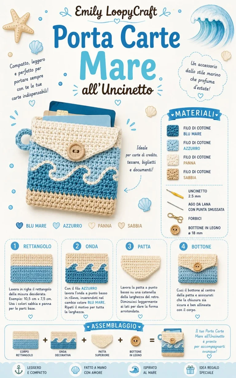 Porta Carte Mare all’Uncinetto con Motivo Onda, accessorio marino fatto a mano.