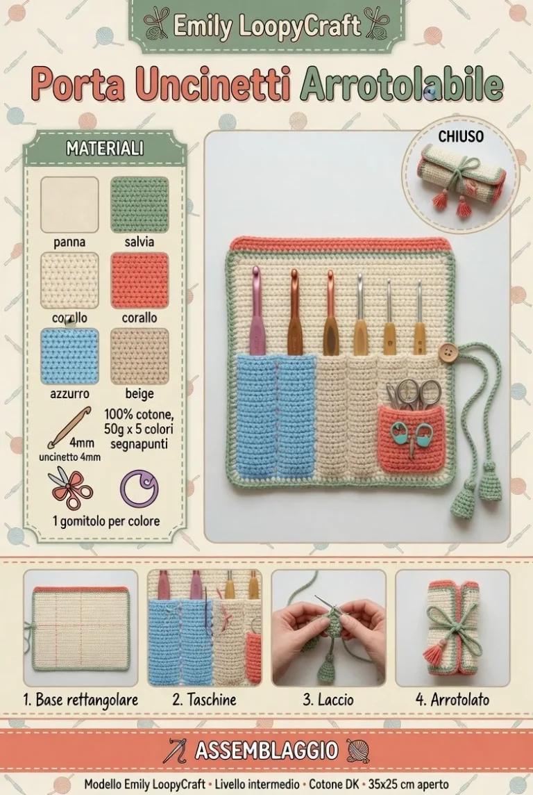 Porta uncinetti arrotolabile estivo in crochet per un'organizzazione pratica