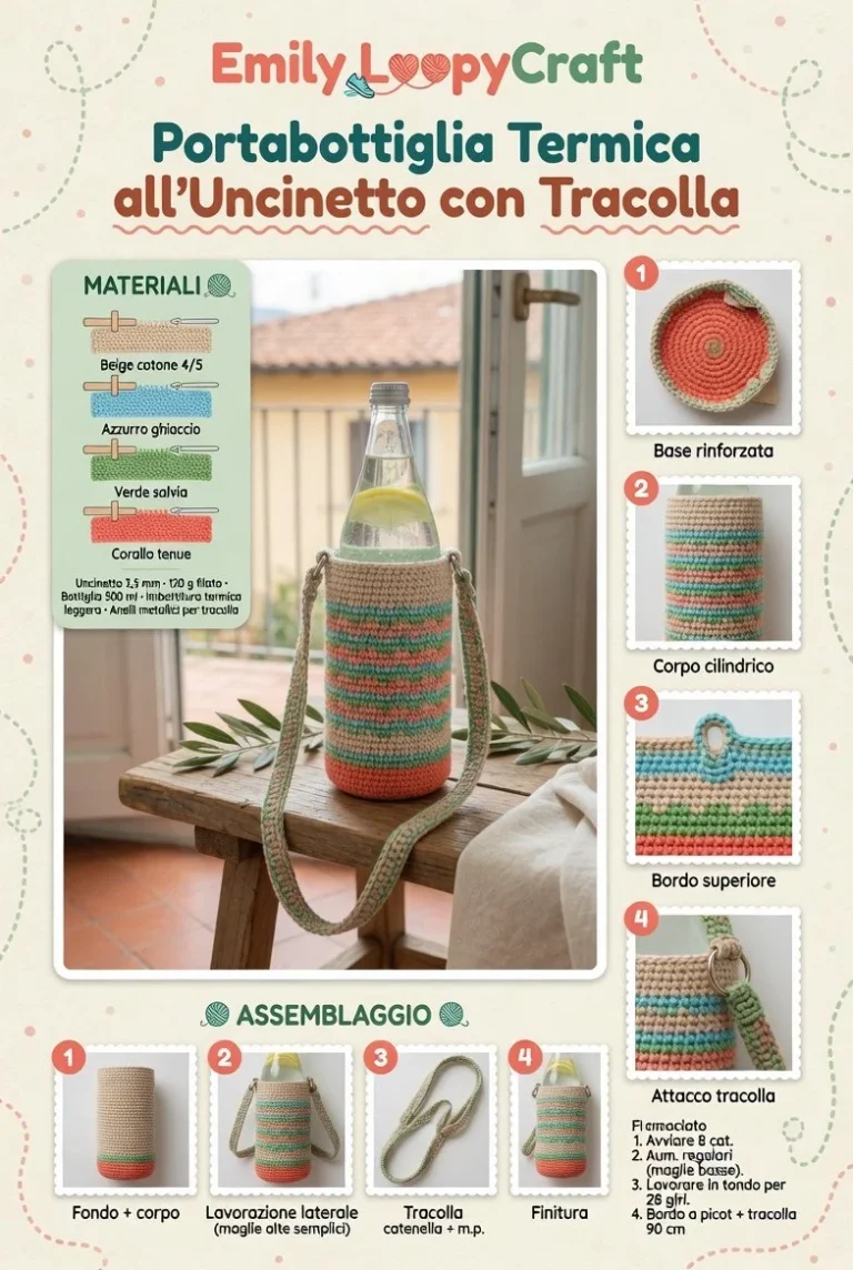 Portabottiglia termica all’uncinetto con tracolla, progetto crochet facile.
